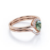 Modern Solitaire 1.75 Carat Teardrop Shape Natural Dendritic Moss Green Agate and Curved Diamond Pave Band Bridal Set Rings