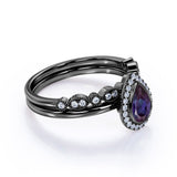 Classic 1.50 Carat Pear Shape Lab Created Alexandrite and Diamond Halo Art Deco Bridal Set Rings