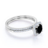 Unique 1.75 Carat Lab Black Diamond Halo Wedding Ring Set for Her in White Gold