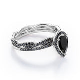 1.75 TCW Pear Shape Lab Created Black Diamond - Pave Setting - Crossover Eternity Wedding Set in White Gold