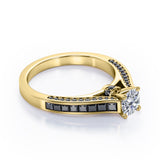 1.4 TCW Round Shape Moissanite with Lab Created Black Diamond - Pave and Channel - Cathedral Engagement Ring in White Gold