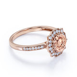 Designer 1.25 Carat Round Cut Peach Morganite and Diamond Halo Engagement Ring in Rose Gold