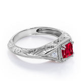 Vintage Milgrain 1.10 Carat Princess Cut Lab Ruby And Diamond Sharp Eight Claws Art Deco Engagement Ring In Rose Gold