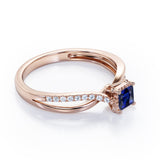 Twisted and Split Pinched Shank 0.65 carat Princess Blue Sapphire and Moissanites Elegant Engagement Ring in Rose Gold