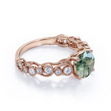 Vintage Exquisite Prong 1.50 Carat Round Cut Real Faceted Druzy Moss Green Agate and Diamond Art Deco Milgrain Engagement Ring