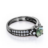 Antique 4 Prong 1.50 Carat Round Cut Green Moss Agate And Diamond Vintage Milgrain Layered Engagement Ring In Black Gold
