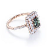 Clustered 1.75 Carat Emerald Cut Lab Created Alexandrite and Diamond Double Halo Pave Engagement Ring In White Gold.
