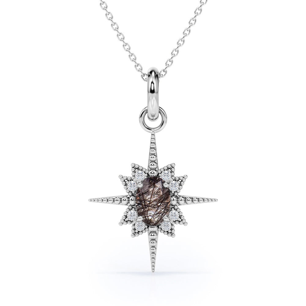 Vintage Star Halo 1.10 Carat Oval Cut Genuine Black Rutilated Quartz And Diamond Four Prong Beaded Pendant Necklace In White Gold