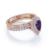 Vintage 1.65 Carat Pear Cut Lab Created Alexandrite Art Deco Wedding Ring Set In White Gold