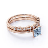 Vintage 1.50 ct Princess Aquamarine Solitaire Bridal Set