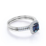 Semi Eternity Pave 1.75 Carat Cushion Cut and Diamond Halo Wedding Set Rings