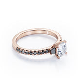 Milgrain Prong Cathedral - 1.3 TCW Round Brilliant Cut Moissanite with Lab Created Black Diamond - Pave Engagement Ring in Yellow Gold