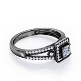 Split-Shanked Pave 1.55 Carat Princess Cut Moissanite and diamond Milgrain-Bordered Halo Engagement Ring in White Gold