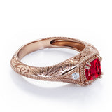 Vintage Milgrain 1.10 Carat Princess Cut Lab Ruby And Diamond Sharp Eight Claws Art Deco Engagement Ring In Rose Gold