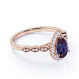 Bezel Halo 1.50 Carat Pear Shape Lab Created Alexandrite and Diamond Marquise Dot Art Deco Engagement Ring