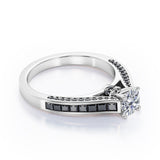 1.4 TCW Round Shape Moissanite with Lab Created Black Diamond - Pave and Channel - Cathedral Engagement Ring in White Gold