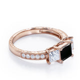 Past, Present and Future 1.25 Carat Princess Cut lab created Black Diamond Vintage Milgrain Engagement Ring In White Gold