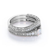 Tapered Four Prong Beaded 1.25 Carat Round Cut Ethiopian Opal And Diamond Vintage Art Deco Wedding Ring Set In White Gold