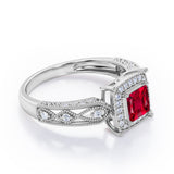 Designer Beaded 1.35 Carat Princess Cut  Lab Ruby And Diamond Halo Engagement Ring In White Gold