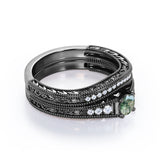 Antique Milgrain 0.8 carat Round Dendritic Moss Agate Stone and Moissanite Bridal Set in White Gold