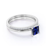 Plain Shank 1.50 Carat Princess Cut Sapphire Bridal Set with Diamond Wedding Band in White Gold