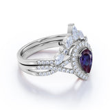 Unique Halo Crown 2 Carat Pear Shaped Lab Created Alexandrite and Diamond Pave Art Deco Wedding Ring Sets - Bridal Set Rings in Rose Gold for Her