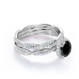 1.75 Carat Round cut Lab Black Diamond Bridal Set with semi eternity wedding band in White Gold