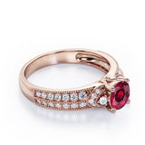 Antique 4 Prong 1.50 Carat Round Cut Lab Ruby And Diamond Vintage Milgrain Layered Engagement Ring In Rose Gold