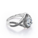 Milgrain Pave Channel - 1.5 TCW Teardrop Moissanite with Lab Created Black Diamond - Halo Design Engagement Ring in White Gold