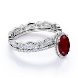Elegant Antique Design 1.50 Carat Oval Cut Lab Ruby and Diamond Wedding Ring Set with Art Deco Band in White Gold