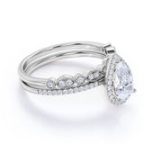 1.50 Carat pear cut Moissanite Wedding Ring Set in 18k White Gold Over Silver