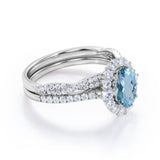 1.65 Carat Huge Oval Cut Aquamarine And Diamond Halo Wedding Ring Set In White Gold