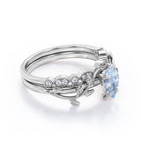 1.2 Carat Pear Cut Aquamarine And Diamond Leaf Art Deco Wedding Ring Set In White Gold