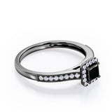 Halo Design 1.25 Carat Princess Cut Black Diamond Milgrain-Bordered Pave-Channel Engagement Ring in White Gold