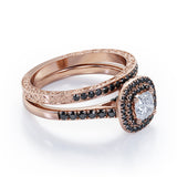 Filigree Scalloped Pave 1.65 TCW Princess Cut Moissanite with Lab Created Black Diamond Double Halo Style Wedding Ring Set in White Gold