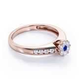 Clustered 1 carat Round Petite Blue Sapphire and Moissanites Channel Engagement Ring in White Gold