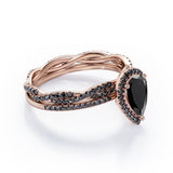 1.75 TCW Pear Shape Lab Created Black Diamond - Pave Setting - Crossover Eternity Wedding Set in White Gold