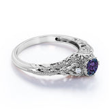 Non Traditional Three Stone 1 Carat Round Cut Lab Created Alexandrite and Diamond Art Deco Filigree Engagement Ring in White Gold for Women