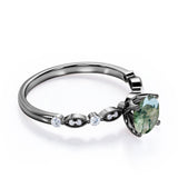 Art Deco 1 Carat Round Moss Agate and Moissanite Scalloped Engagement Ring in White Gold