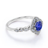Art Deco Milgrain 2 Carat Round Cut Sapphire and Diamond Halo Wedding Set in White Gold