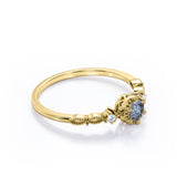 Milgrain Bezel Set 0.60 Carat Round Cut Dendritic Black Rutilated Quartz and Diamond 3 Stone Dainty Engagement Ring