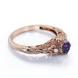 Non Traditional Three Stone 1 Carat Round Cut Lab Created Alexandrite and Diamond Art Deco Filigree Engagement Ring in White Gold for Women