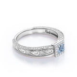 1.10 Carat Princess Cut Aquamarine And Diamond Halo Engagement Ring In White Gold