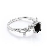 1 ct Cushion Lab Black Diamond Leaf Style Engagement Ring
