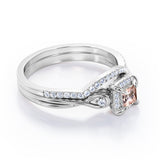 Cushion Halo Prong - 0.85 TCW Princess Cut Morganite and Moissanite - Infinity Split Shank Wedding Ring Set -  White Gold