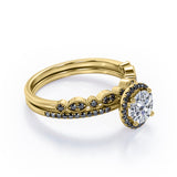 Art Deco Pave Setting - 1.65 TCW Round Cut Moissanite with Lab Created Black Diamond - Halo Design Bridal Set in Yellow Gold