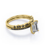 Milgrain Filigree - 1.55 TCW Emerald Cut Moissanite with Lab Created Black Diamond - Pave Accented Bridal Ring Set  in White Gold