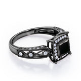 Art Deco Beaded 1.35 Carat Princess Cut Black Diamond Halo Engagement Ring In White Gold