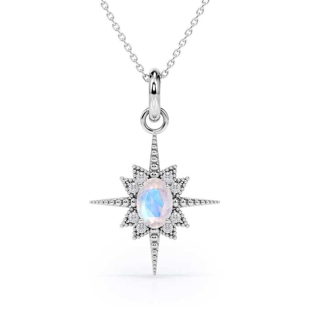 Traveler's Northern Star 1.10 carat Oval Moonstone and Moissanite Pendant with 18k Black Gold Over Silver Necklace