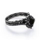 1.65 ct Cushion Lab Black Diamond Vintage Halo Bridal Set
